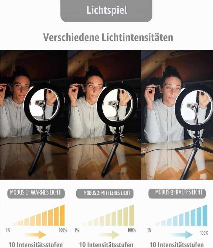 KSIX Dimmbare Tischstativ Lichtring LED Ring Licht für Handy, 3 Lichttemperaturen und 10 Helligkeits