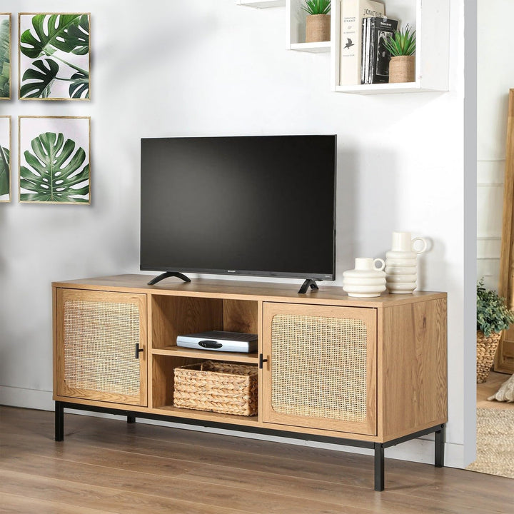 Calicosy TV-Möbel mit 2 Türen, 2 Nischen – Rattangeflecht – Holzdekor – Spanplatten – Metallstruktur