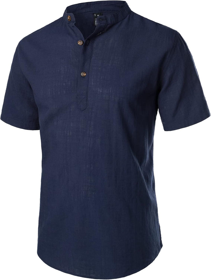 LucMatton Herren Casual Baumwolle Leinen Kurzarm Henley Hemd Sommer Leichte Strandtops mit Stehkrage