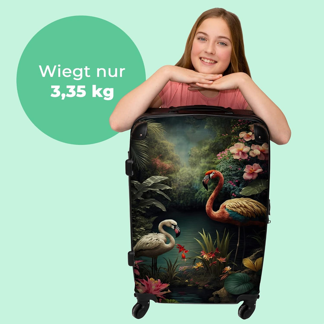 Koffer gross Trolley Rollkoffer Reisekoffer mit 4 Rollen Fotokoffer - Flamingo - Blumen - Dschungel