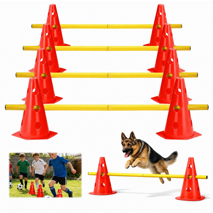 Steckhürdenset 10 Kegel + 5 Stangen, Höhenverstellbare Agility Hürden für Hundesport & Fussballtrain