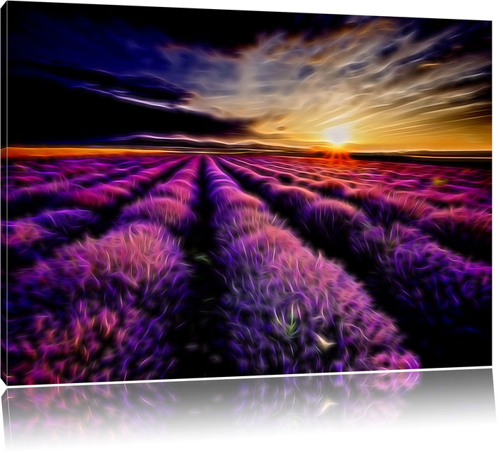 Dark abstraktes Lavendelfeld bei Sonnenuntergang auf Leinwand, XXL riesige Bilder fertig gerahmt mit