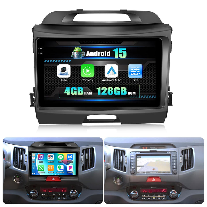 CAMECHO 4G+128G Android 15 Autoradio für Kia Sportage 3 III SL 2010-2016 mit Navi Carplay Android Au
