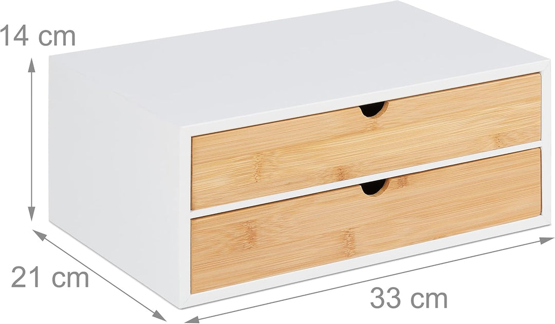 Relaxdays Schubladenbox, Bambus & MDF, Mini Kommode 2 Schubladen, HBT: 14x33x21 cm, Schreibtisch Org