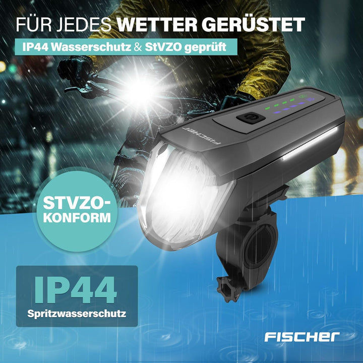 FISCHER Fahrrad LED-Frontlicht 110 Lux, mit Sensormodus, Leuchtweiteneinstellung, bis zu 20 Stunden