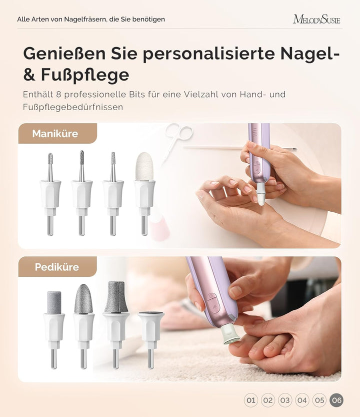 MelodySusie Professionelles Pediküre Set, PC760G 8 in 1 Elektrischer Nagelfräser mit 5 Geschwindigke