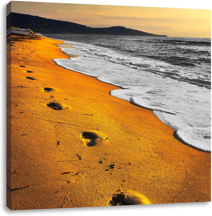 Pixxprint Fussabdrücke im Sand am Strand, Format: 70x70 auf Leinwand, 70x70