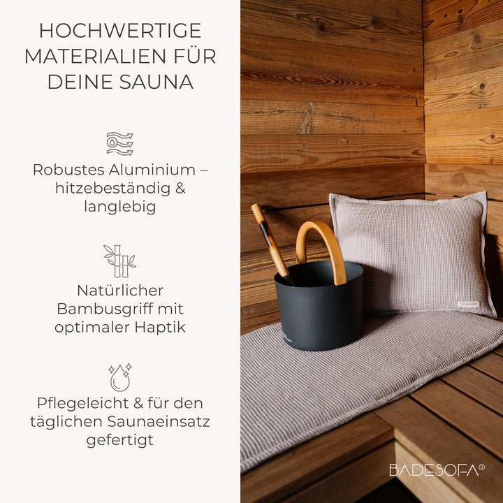 BADESOFA Sauna-Eimer mit Kelle Set – Saunakübel 5 L Aluminium Schwarz mit Bambusgriff – Skandinavisc