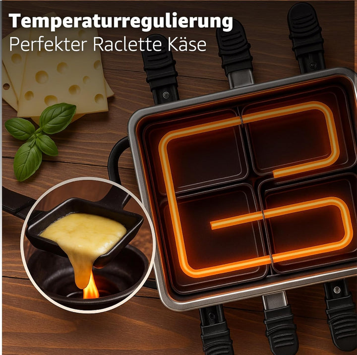 8 Personen Fondue/Raclette Set - Tischgrill inkl. Pfännchen & Schaber - Grillplatte & Steinplatte an