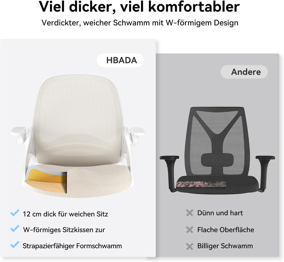 Hbada Bürostuhl Ergonomischer Schreibtischstuhl Arbeitsstuhl Drehstuhl mit klappbaren Armlehnen Mesh