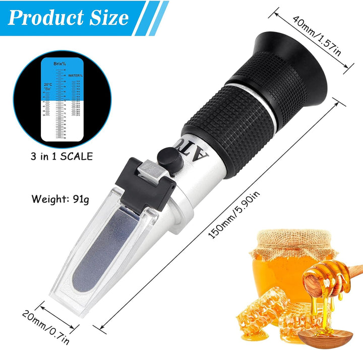 Rierousy 3-In-1 Refraktometer Honig mit Dreifach-Skala(Wasser: 12-27%, Brix: 58-90%, Be': 38-43°), R
