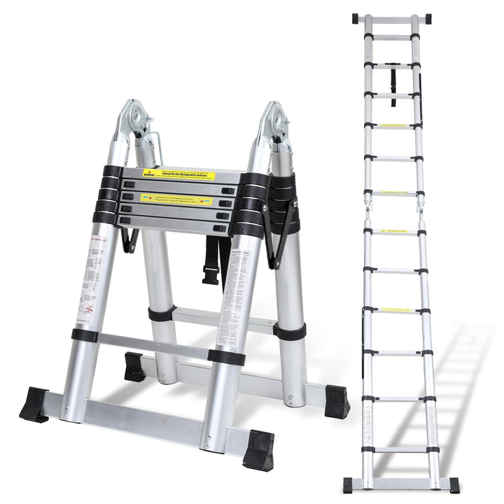 Teleskopleiter Klappleiter Aluminium, Cecaylie 3.8M Ausziehbare Leiter, Rutschfester Aluleiter Stehl