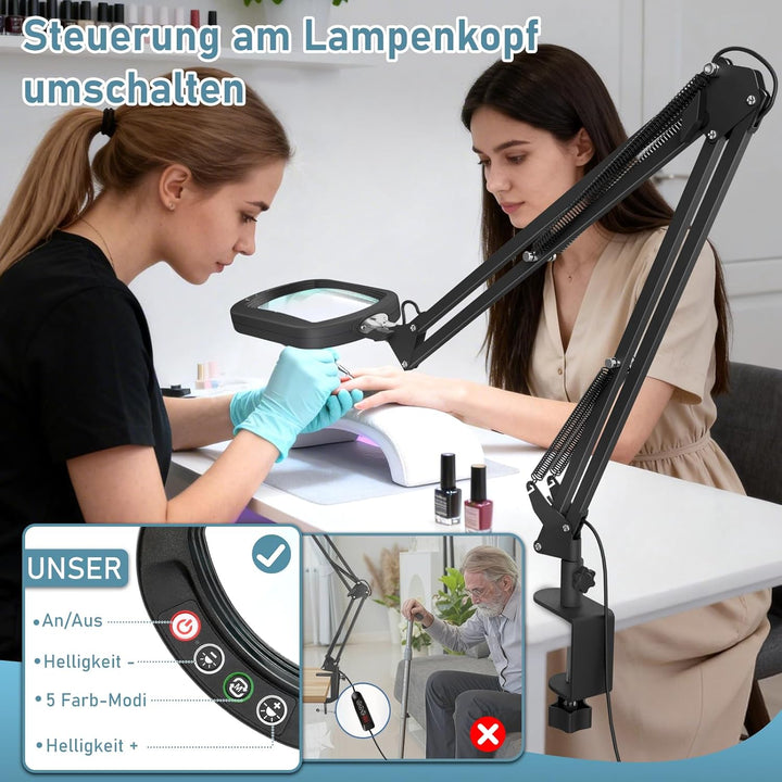Veemagni 10X Echtes Glas Rechteckige Lupe mit Licht und Klemme, 5 Farbmodi Stufenlos Dimmen, 2 * 16