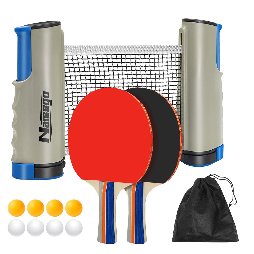 Tischtennis-Set,Tischtennisschläger Profi, 2 Tischtennisschläger, 1 Einziehbarem Netz,8Tischtennis-B