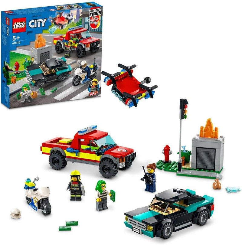 LEGO 60319 City Löscheinsatz und Verfolgungsjagd mit Feuerwehrauto und Motorrad, Polizei- und Feuerw