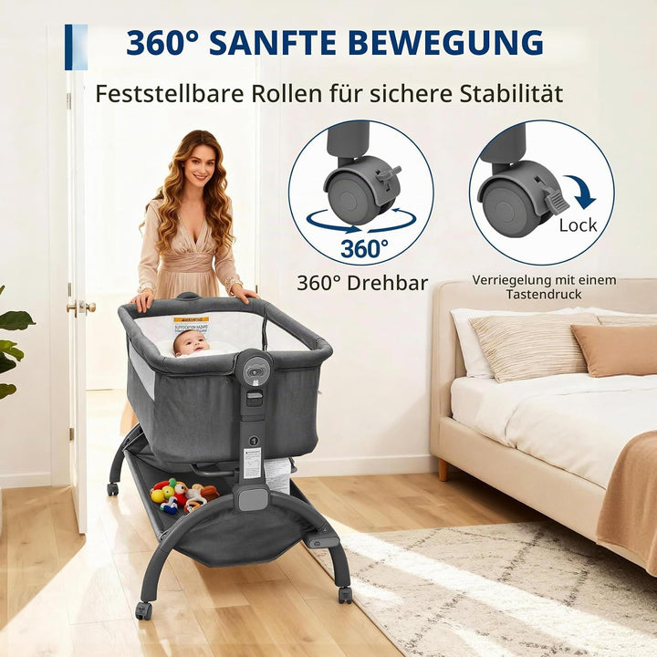 GarveeTech Beistellbett Baby höhenverstellbar mit Matratze, Mesh-Seiten, Wiegefunktion, Rollen mit B