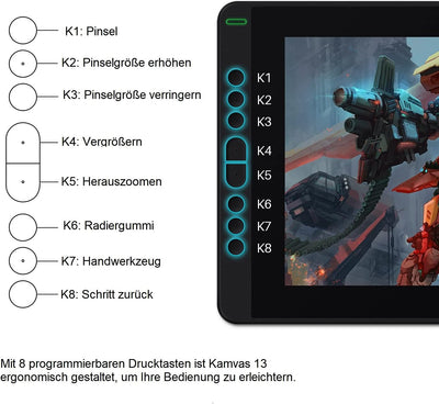 HUION Grafiktablett mit Display Kamvas 13(ohne Ständer) Volllaminatbildschirm 8 programmierbare Druc