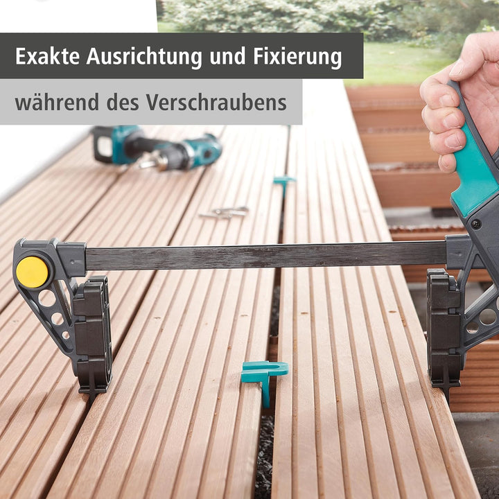 wolfcraft Montagezwinge 6985000 – Zwinge für den Terrassenbau – Distanzhalter für den Bau einer Holz
