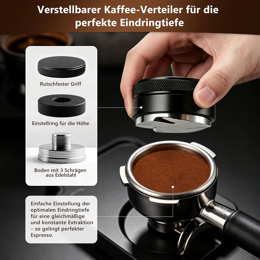 Espresso Zubehör Set 7tlg. – WDT Tool, Tamper, Distributor, Dosierring & Tamperstation | Barista Set