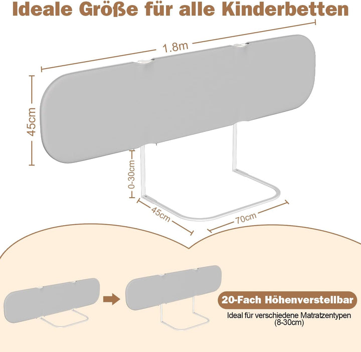 Bettgitter Rausfallschutz Bettschutzgitter 180cm, Höhenverstellbar, Kinderbettgitter Tragbar bettgit