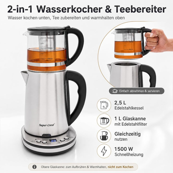 Wasserkocher Set 2,5L+1L, 1500W, Glas-Doppelkocher mit LCD Display, Warmhaltefunktion 70-85°C, Edels