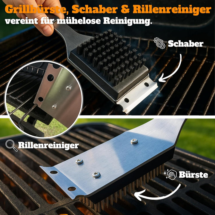 Grillset für Männer Geschenk – Grillbesteck Set aus Edelstahl - 3-in-1 Spachtel & Reinigungsbürste –