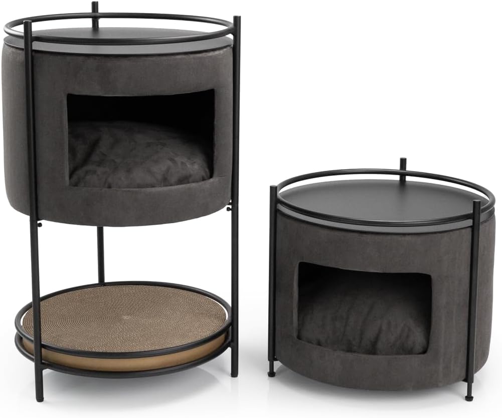 CanadianCat Company | Neko Beistelltisch mit Katzenhöhle inkl. Kratzpappe - Anthrazit | 43 x 43 x 70