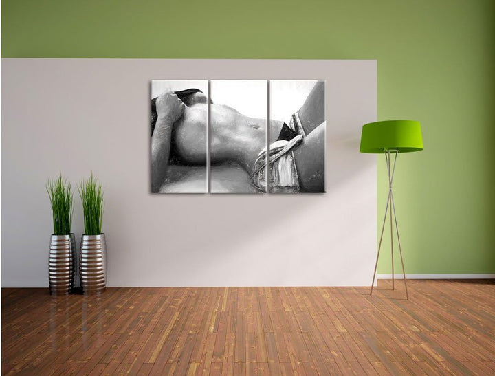 Pixxprint Sexy Frau mit schönem Körper Kohle Zeichnung Effekt 3-Teiler Leinwandbild 120x80 Bild auf