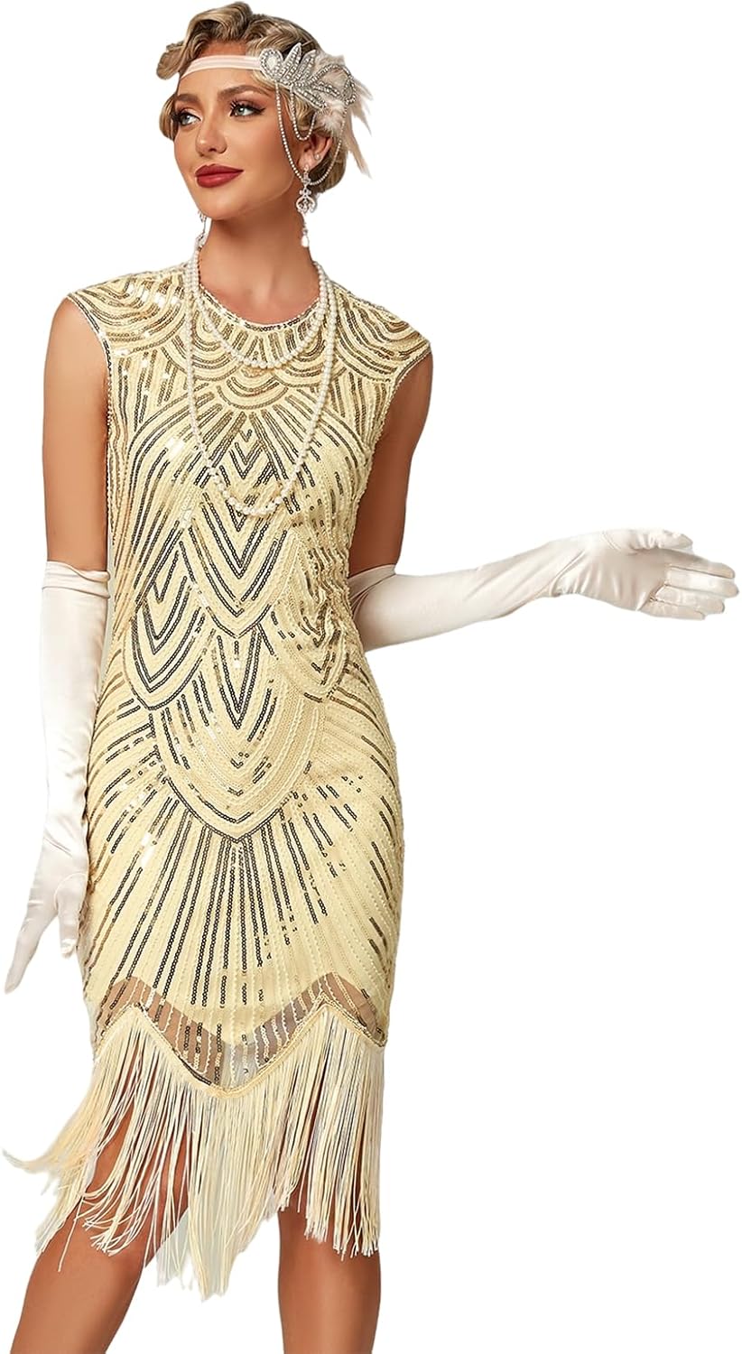 VILOREE Damen Kleid voller Pailletten 20er Stil Runder Ausschnitt Inspiriert von Great Gatsby Kostüm