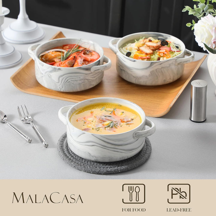 MALACASA Suppenschalen mit Griffen, 800 ML Porzellan Suppenschalen Set von 4, Elfenbein weiss servie