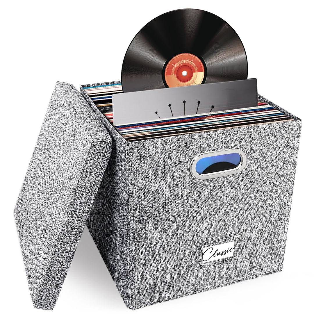Vinyl-Schallplatten-Aufbewahrungsbox für 50+ einzelne LPs (30,5 cm), stapelbare Alben, Leinenkiste m