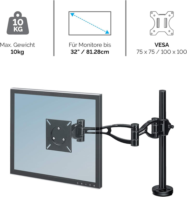 Fellowes Monitorarm Vista für 1 Bildschirm - Schwenkarm zur Befestigung mit Klemme/am Kabeldurchlass
