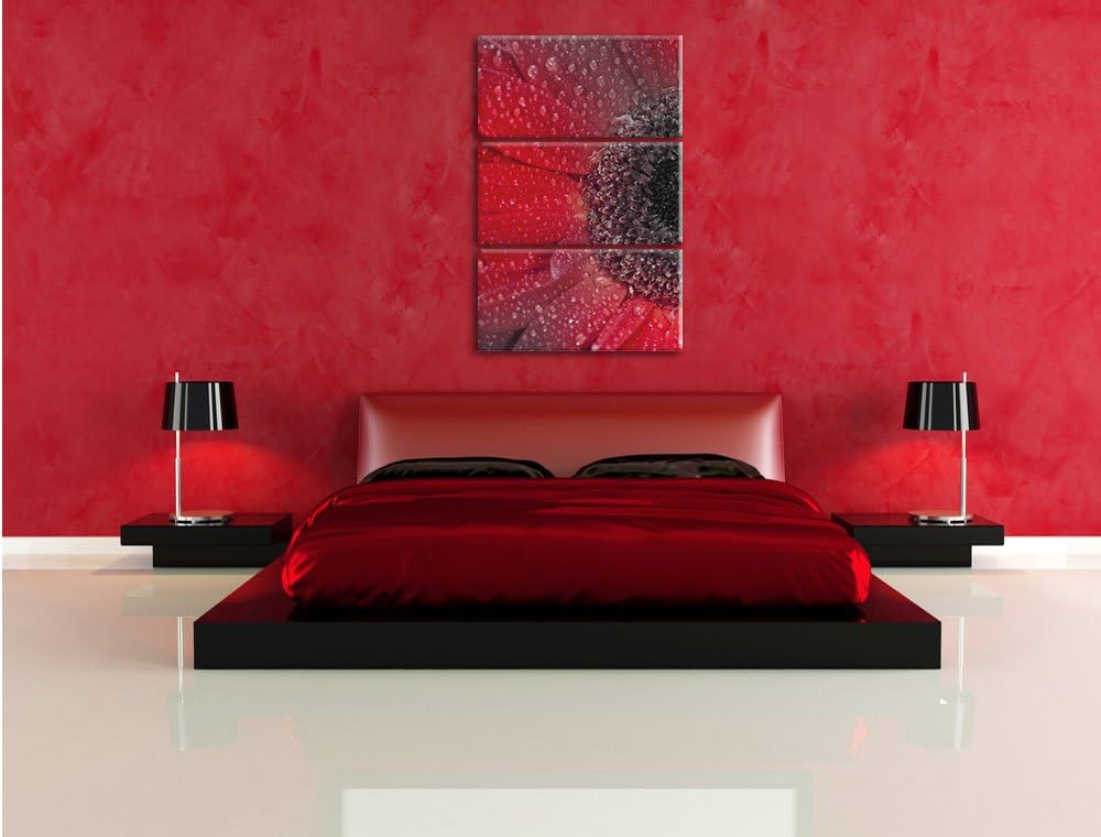 Pixxprint Rote Gerbera mit Wassertropfen als Leinwandbild/Grösse: 3 Teilig (120x80) cm/Wandbild/Kuns