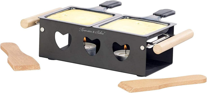 Rosenstein & Söhne Mini-Raclette-Grill: 4er-Set Teelicht-Raclette für 2 Personen, mit Schabern und T
