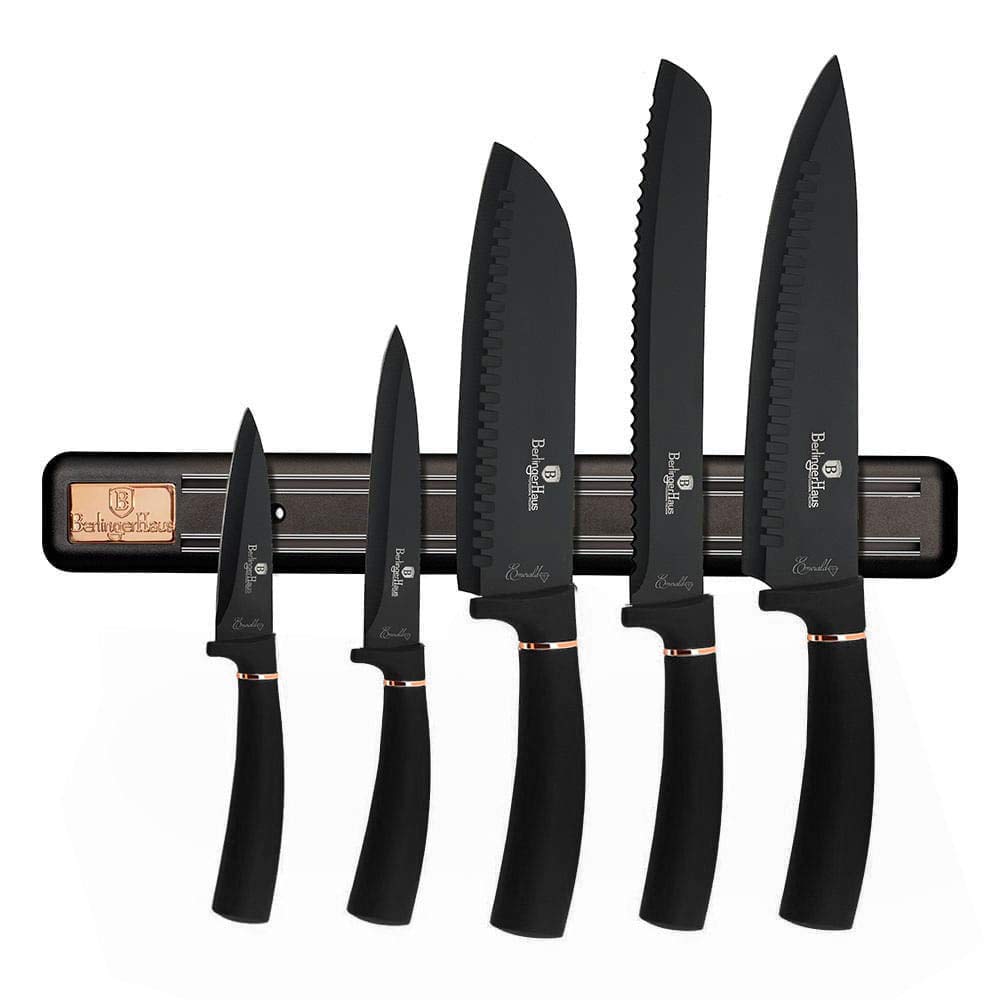 Berlinger Haus Messerset mit magnetischem Halter, 6-teilig, Black Rose Collection, Edelstahl
