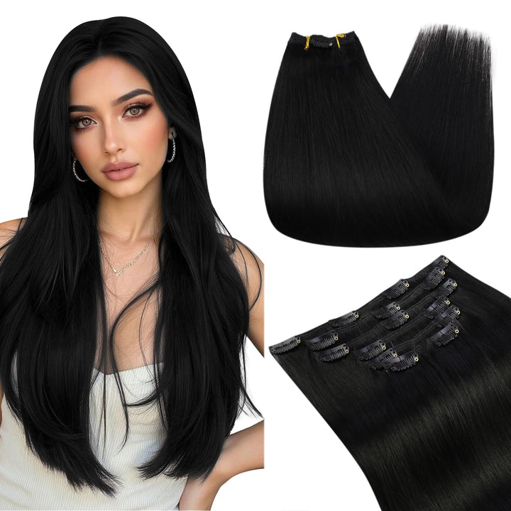 Ugeat Extensions Echthaar mit Clips 7 Stück Haarverlaengerung Clips Echthaar 35cm Clip in Extensions