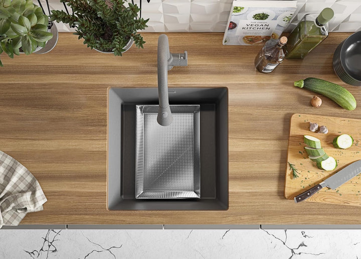 Unterbauspüle Grau 46 x 47 cm, Granitspüle 1 Becken + Ablauf-Set, Spülbecken ab 50er Unterschrank, K