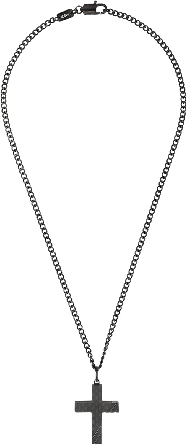 s.Oliver Kette mit Anhänger Edelstahl Carbon Herren Halsschmuck, 50 cm, Schwarz, Kreuz, Kommt in Sch