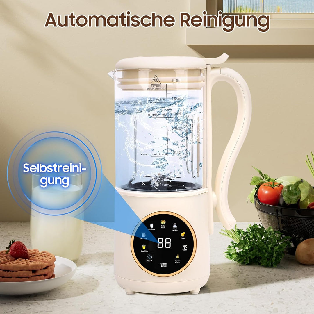 Sojamilch Maschine, 1400ml Automatische Nussmilchmaschine mit 16 Klingen, LED Anzeige, Verzögerungss