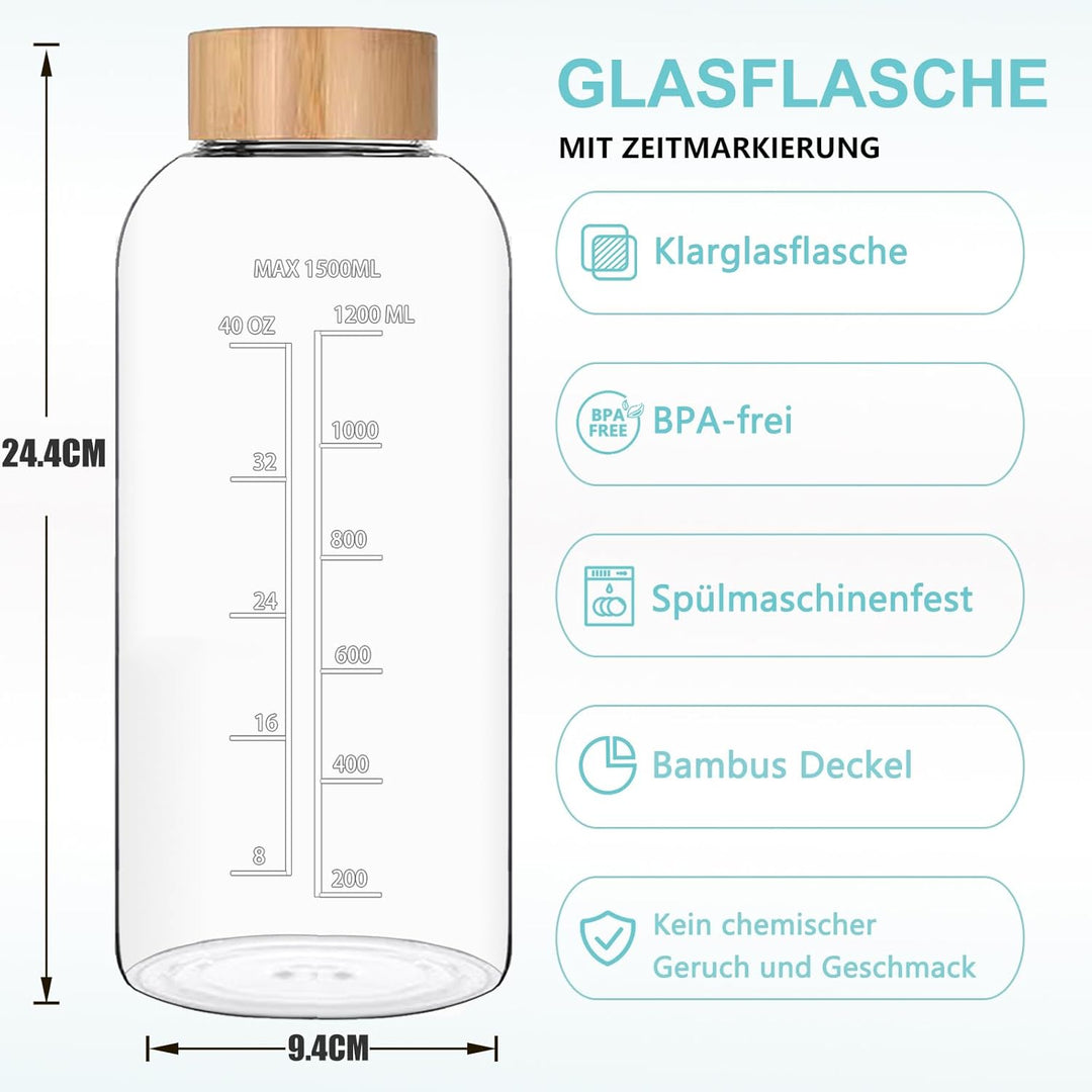 1.5 Liter Glasflasche, 1.5 l Glas Trinkglasche, Wasserflasche Glas mit Neoprenhülle, Bambusdeckel, F