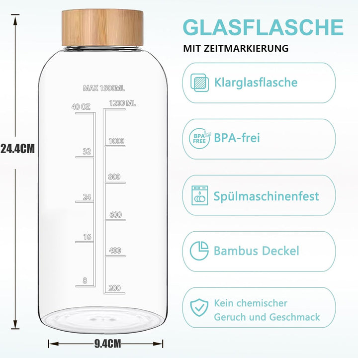 1.5 Liter Glasflasche, 1.5 l Glas Trinkglasche, Wasserflasche Glas mit Neoprenhülle, Bambusdeckel, F