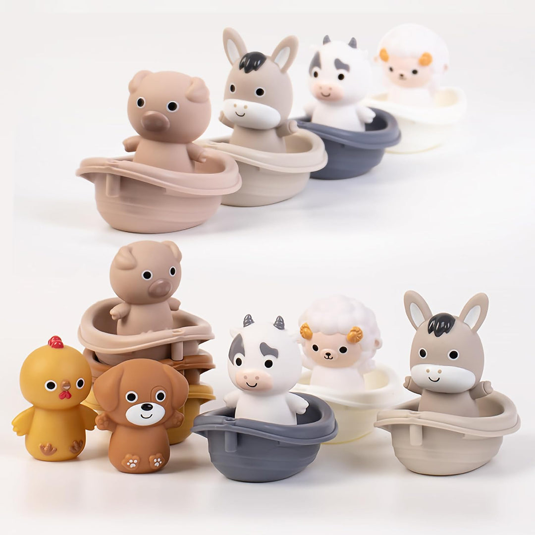 12 Stück Badewannenspielzeug: Baby Badespielzeug mit Tierfiguren, Bauernhof-Fingerpuppen &amp; stapelbar