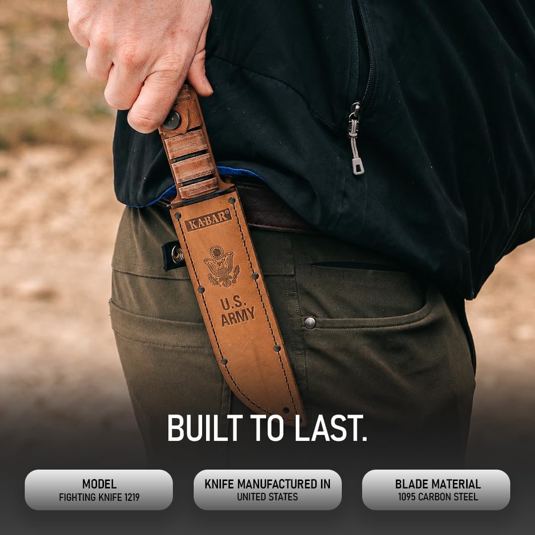 Ka-Bar US Army 7" Fixed Blade Knife, Serrated Leather Handle w/Brown Sheath #1219