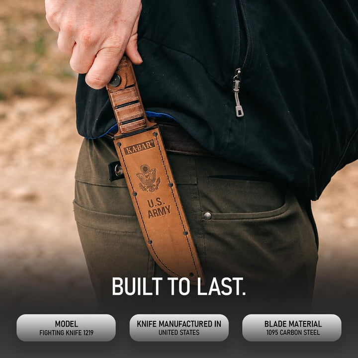 Ka-Bar US Army 7" Fixed Blade Knife, Serrated Leather Handle w/Brown Sheath #1219