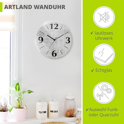 ARTLAND Wanduhr ohne Tickgeräusche aus Glas Funkuhr Ø 30 cm Rund Lautlos Ø 30 cm Grauer Beton Optik