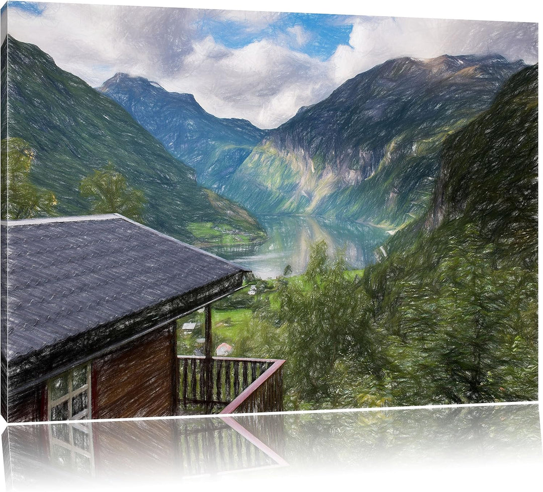 Pixxprint Hütte in schöner Umgebung Kunst Buntstift Effekt, Format: 100x70 auf Leinwand, riesige Bil