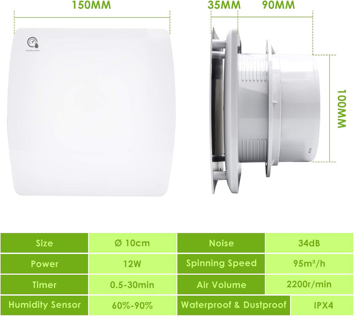 Ikodm 100mm badlüfter mit Feuchtigkeitssensor, Badezimmerlüfter mit Rückstauklappe und Timer, Ventil