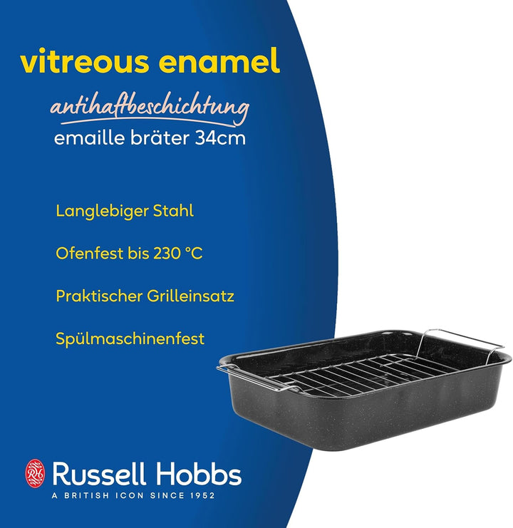 Russell Hobbs CW9161 Romano 34cm Emaille bräter - mit gitter, rechteckige auflaufform mit rost, Spül