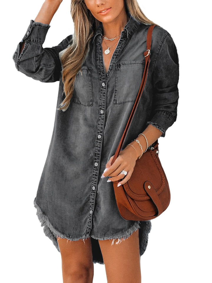 CUPSHE Damen Jeanshemd V-Ausschnitt Knopfleiste Brusttaschen Asymmetrisch Jeansbluse Hemdblusen Deni