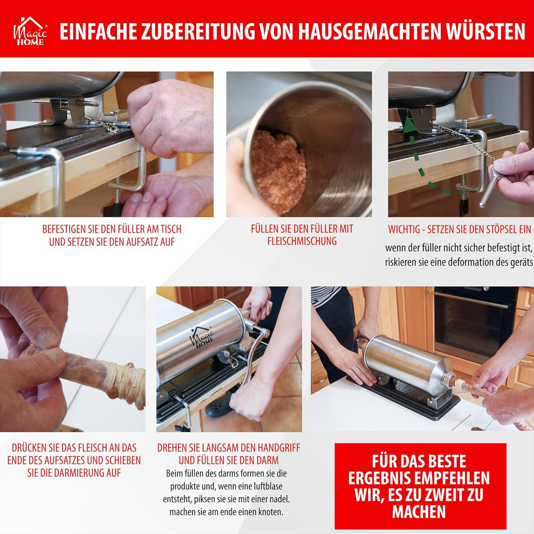 MAGIC HOME Wurstfüller aus Edelstahl | 3l / 4kg | Manuell, Horizontal | Hochwertige Wurstfüllmaschin